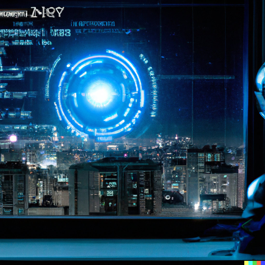 DALL·E 2023-11-08 18.29.36 - Sztuczna inteligencja (Cortana) na komputerze w pokoju z oknem na miasto rok 2077.png